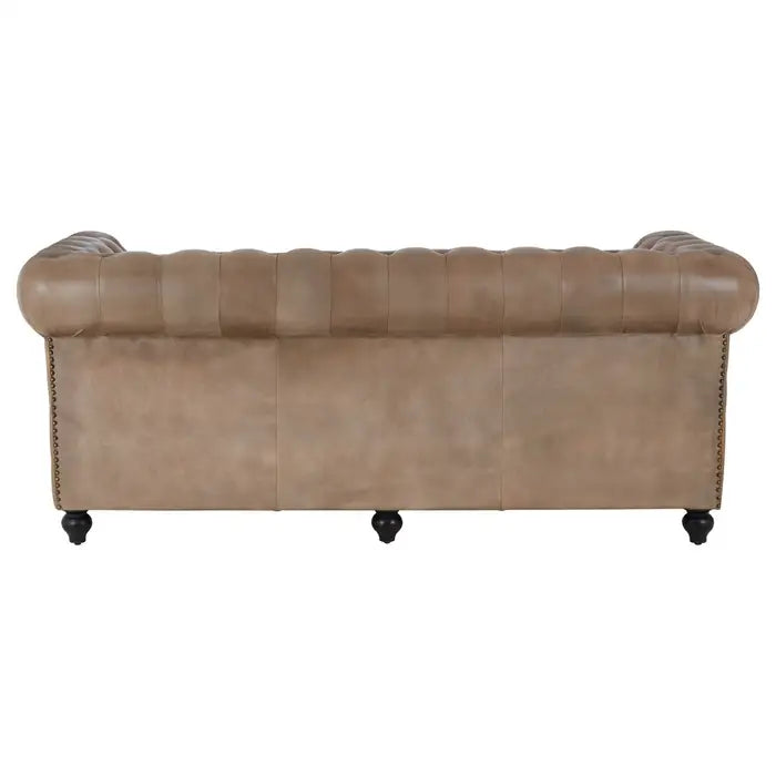 Buffalo 3 Seater Sofa, Light Brown Leather, Wooden Carved Feet, Button Tufting