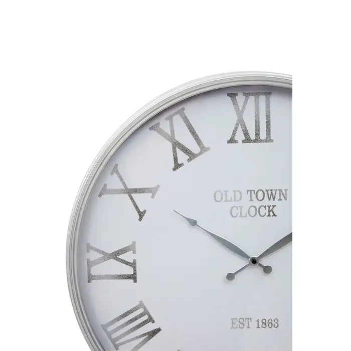 Old Town Round Wall Clock, White & Silver