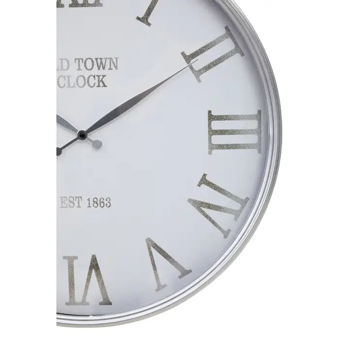 Old Town Round Wall Clock, White & Silver