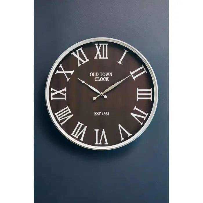 Old Town Wall Clock, Round, Black, Silver