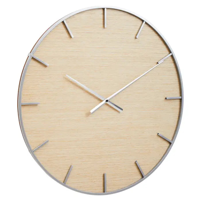 Oxford Wall Clock, Round, Natural Wood, Silver