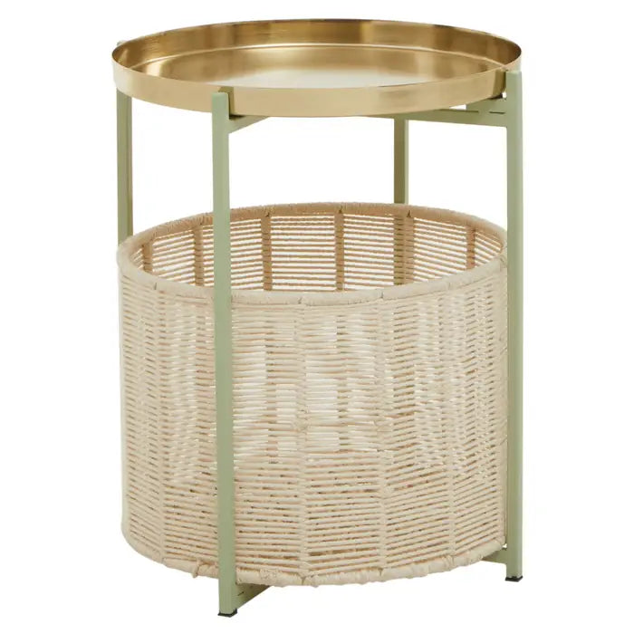 Sabia Side Table, Two Tier, Gold Metal Frame, Cotton, Round Top