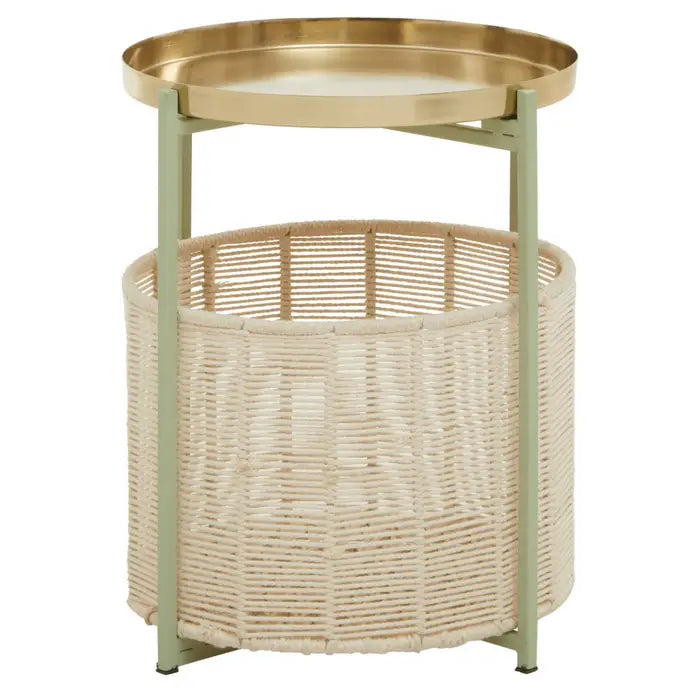 Sabia Side Table, Two Tier, Gold Metal Frame, Cotton, Round Top