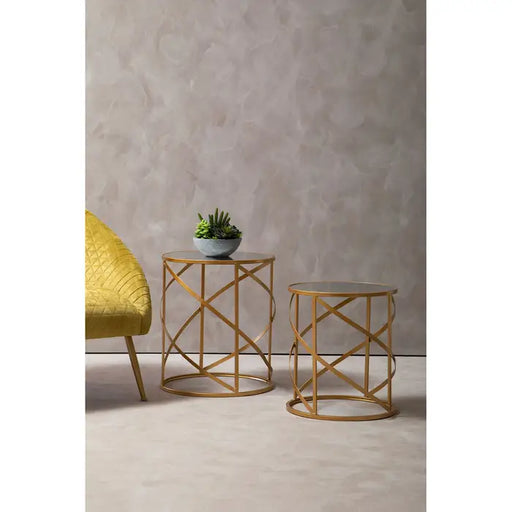 Avantis Side Tables, Loop Design, Gold Metal Frame, Round Mirrored Glass Top, Set of 2
