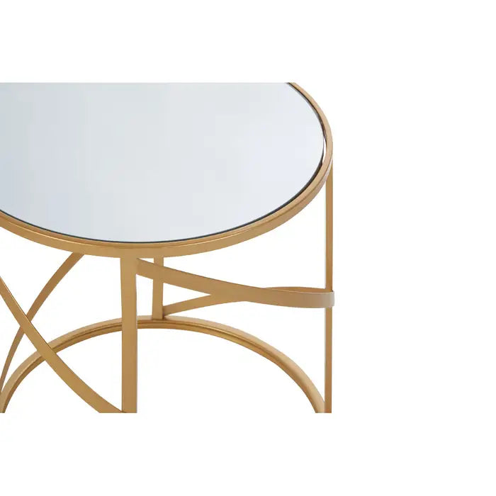 Avantis Side Tables, Loop Design, Gold Metal Frame, Round Mirrored Glass Top, Set of 2
