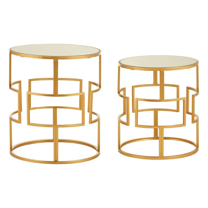 Avantis Side Tables, Gold Metal Frame, Round Mirrored Glass Top, Set of 2