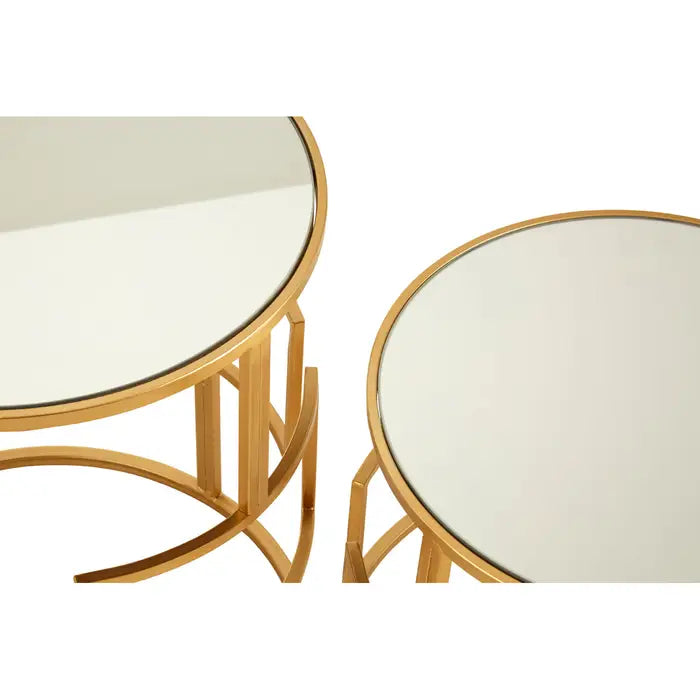Avantis Side Tables, Gold Metal Frame, Round Mirrored Glass Top, Set of 2