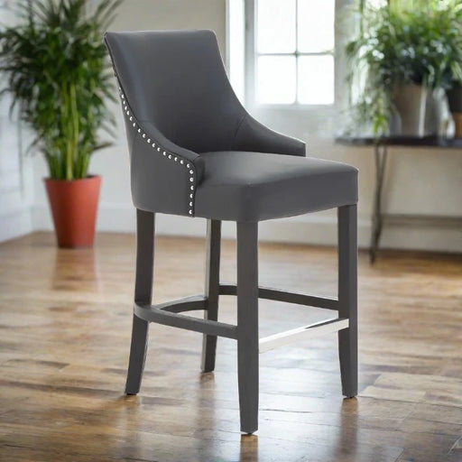 Kensington Bar Chair, Charcoal leather, Black Wood Frame, Chrome Foot Rest