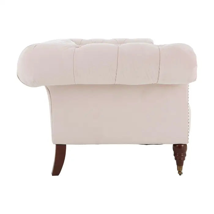 Suri 3 Seater Sofa, PinkVelvet, Carved Wooden Legs, Rolled Arms, Button Tufting Chesterfield Design