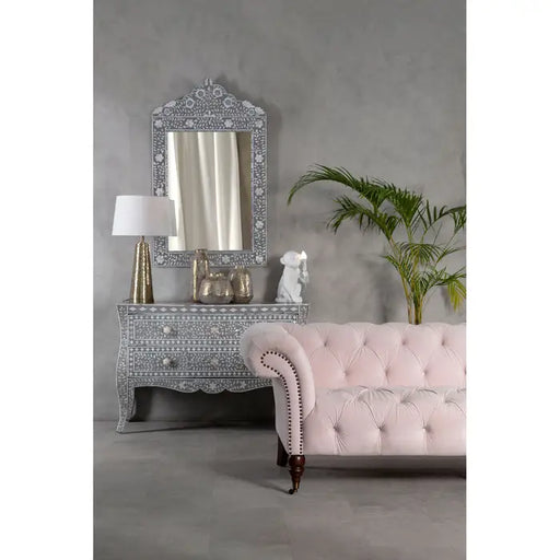 Suri 3 Seater Sofa, PinkVelvet, Carved Wooden Legs, Rolled Arms, Button Tufting Chesterfield Design