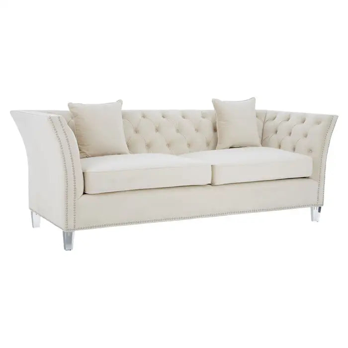 Samara 3 Seat Chesterfield Sofa, Beige Velvet, Cushions, Clear Perspex Feet, Button Tufted,  Out of Stock
