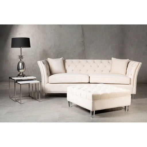 Samara 3 Seat Chesterfield Sofa, Beige Velvet, Cushions, Clear Perspex Feet, Button Tufted