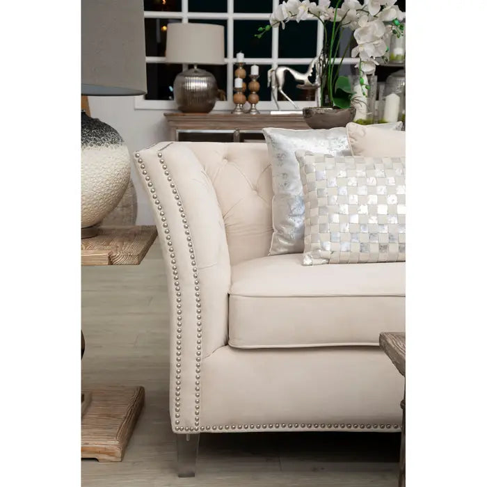 Samara 3 Seat Chesterfield Sofa, Beige Velvet, Cushions, Clear Perspex Feet, Button Tufted,  Out of Stock