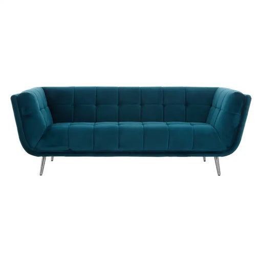 Sabine 3 Seater Sofa, Blue Velvet, Metal Legs, Silver, Button Tufted