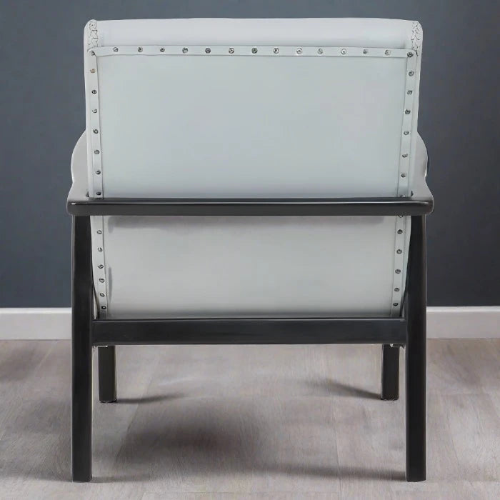 Kendari Curved Armchair, Grey Leather, Black Wood Frame