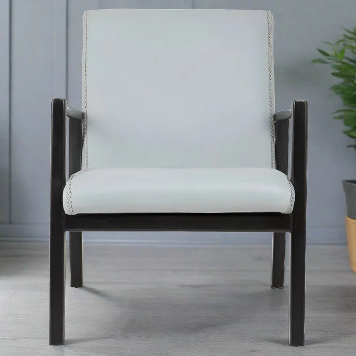 Kendari Curved Armchair, Grey Leather, Black Wood Frame