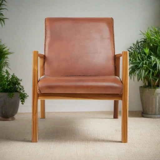Royston Curved Accent Armchair, Tan Leather, Natural Wood Frame