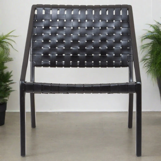 Crofton Accent Chair, Woven Black Leather, Black Metal Frame