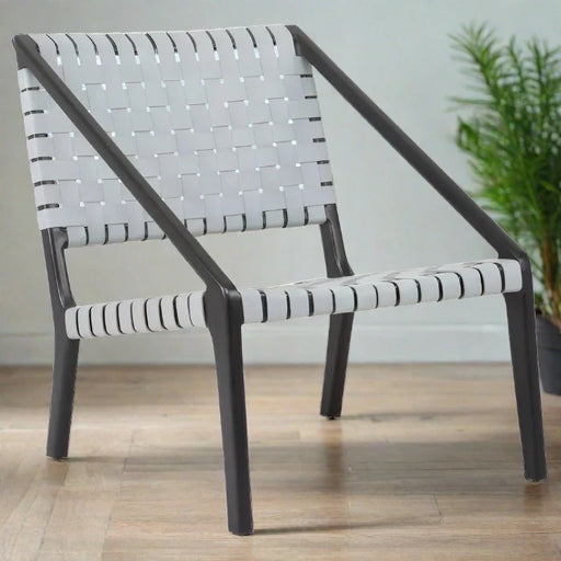 Crofton Accent Chair, Grey Strapped Leather, Black Metal Frame