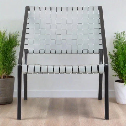 Crofton Accent Chair, Grey Strapped Leather, Black Metal Frame