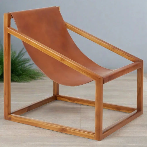 Morton Cubic Accent Chair, Tan Leather, Natural Wood Frame
