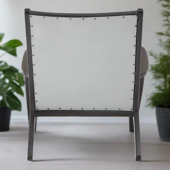 Crofton Lounge Armchair, Studded Grey Leather, Black Wood Frame