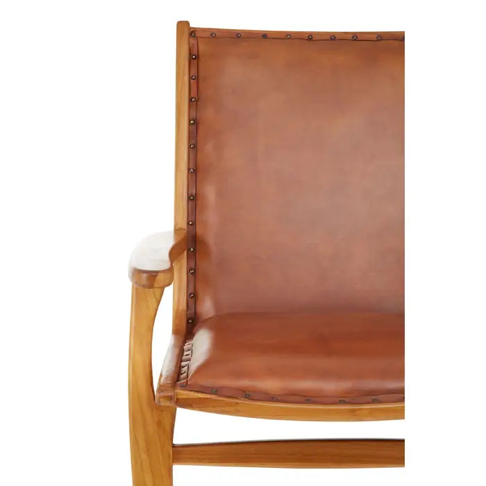 Crofton Lounge Armchair, Tan Leather, Natural Wood Frame