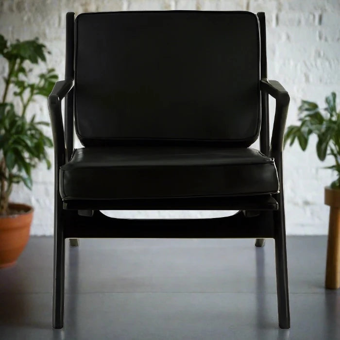 Arlington Accent Armchair, Black Leather, Black Wood Frame