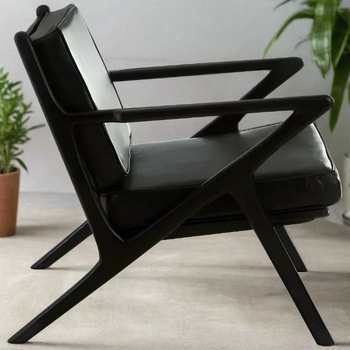 Arlington Accent Armchair, Black Leather, Black Wood Frame