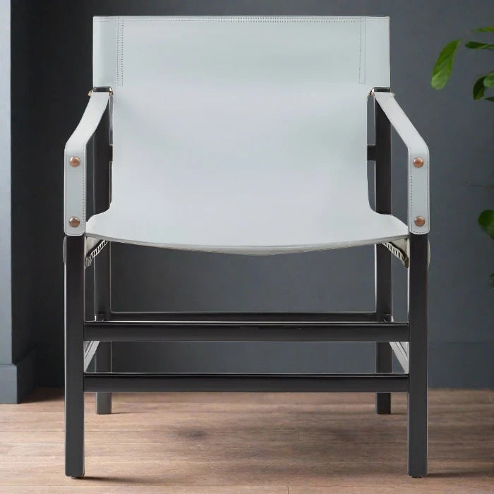 Kendari Accent Armchair, Grey Leather, Black Wood Frame