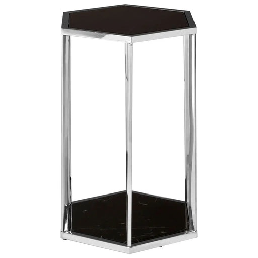Piermount Side Table, Silver Finish, Stainless Steel Frame, Black Marble