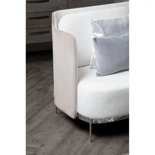 Piermount 2 Seater Sofa, White Fabric, Curved Back, Silver Finish Metal Legs, Matching Cushions