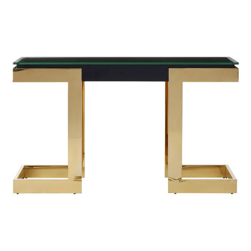 Deana Console Table, Gold Stainless Steel Frame, Dark Black Top, Clear Glass