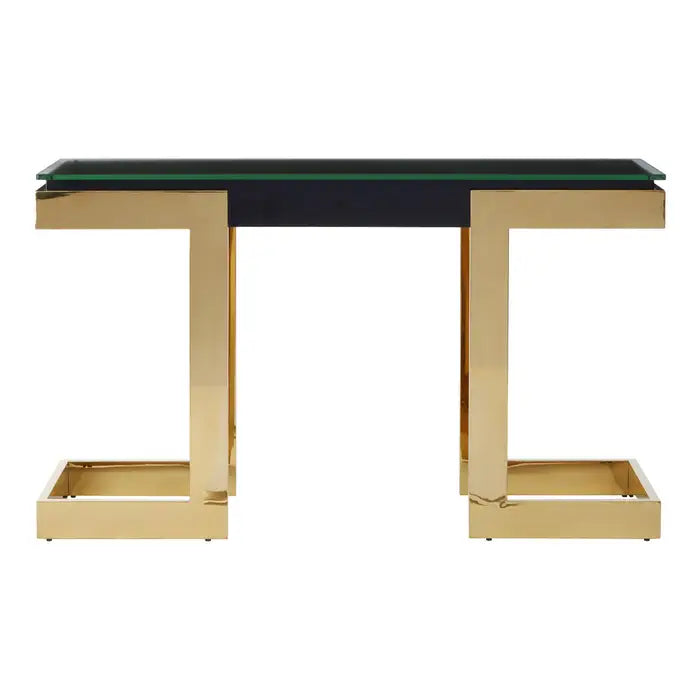 Deana Console Table, Gold Stainless Steel Frame, Dark Black Top, Clear Glass