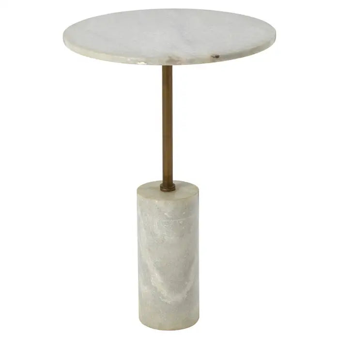 Rany Side Table, White Marble Base, Antique Brass Finish, Round Marble Top