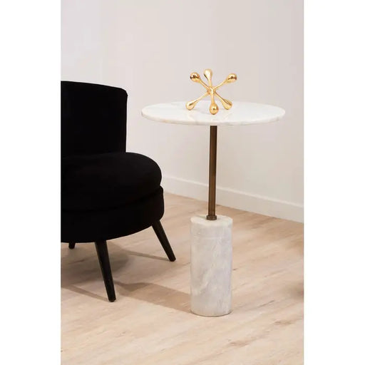 Rany Side Table, White Marble Base, Antique Brass Finish, Round Marble Top