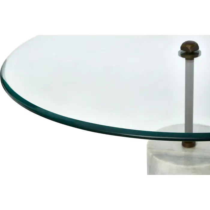 Rany Side Table, White Marble Base, Antique Brass Finish, Glass Round Top