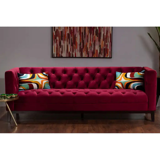 Sasha 3 Seater Crimson Sofa, Red Velvet, Button Tufted, Black Rubberwood Legs, Chesterfield Design