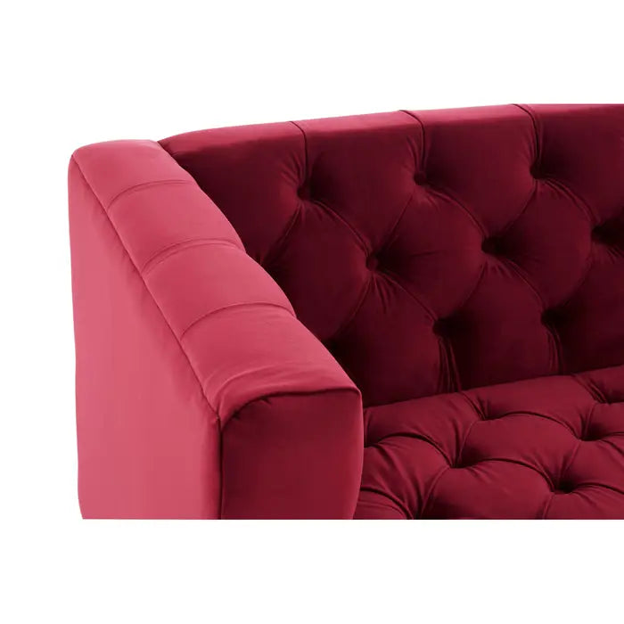 Sasha 2 Seater Crimson Sofa, Red Velvet, Black Rubberwood Legs, Button Tufted