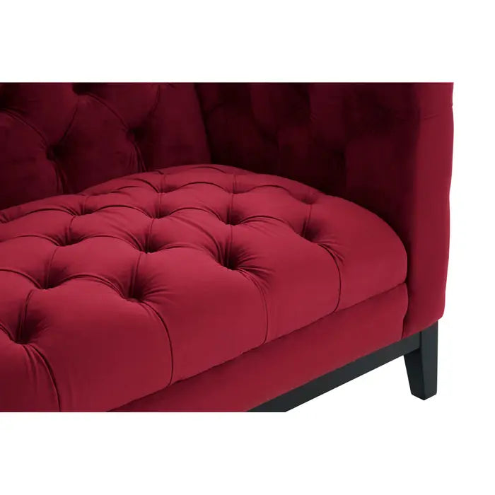 Sasha 2 Seater Crimson Sofa, Red Velvet, Black Rubberwood Legs, Button Tufted