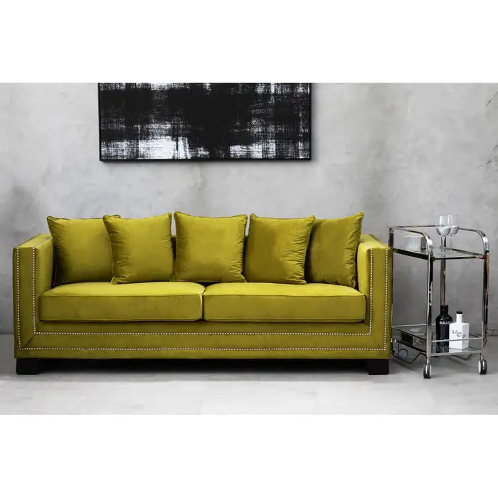 Sofia 3 Seater Sofa, Yellow Fabric, Black Rubberwood Legs, Cushions
