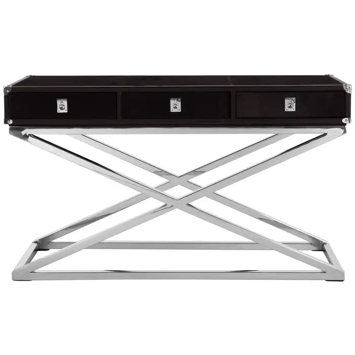 Kensington Townhouse Console Table, Stainless Steel Frame, Black Leather, Hair Hide,  2 Drawer