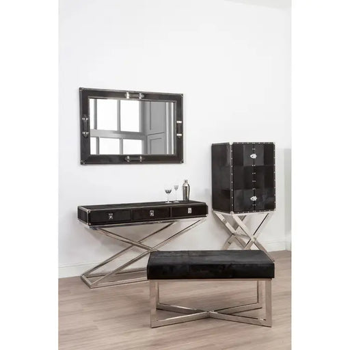 Kensington Townhouse Console Table, Stainless Steel Frame, Black Leather, Hair Hide,  2 Drawer 