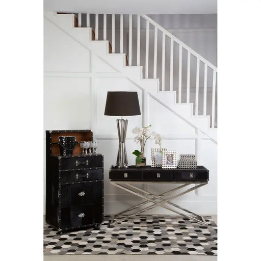 Kensington Townhouse Console Table, Stainless Steel Frame, Black Leather, Hair Hide,  2 Drawer 