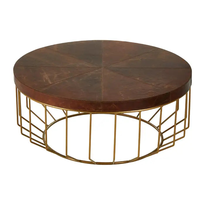 Kensington Townhouse Coffee Table, Iron Frame, Brown Round Leather
