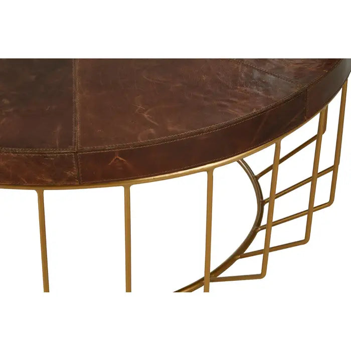 Kensington Townhouse Coffee Table, Iron Frame, Brown Round Leather