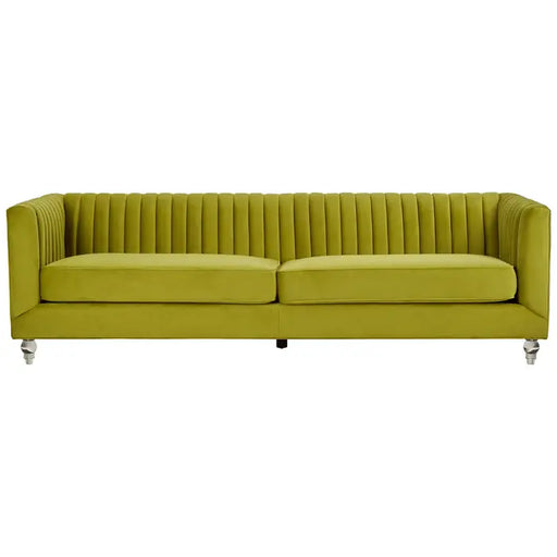 Brasa 3 Seater Sofa, Green Soft Velvet, Lean Silhouette, Acrylic Metal Legs