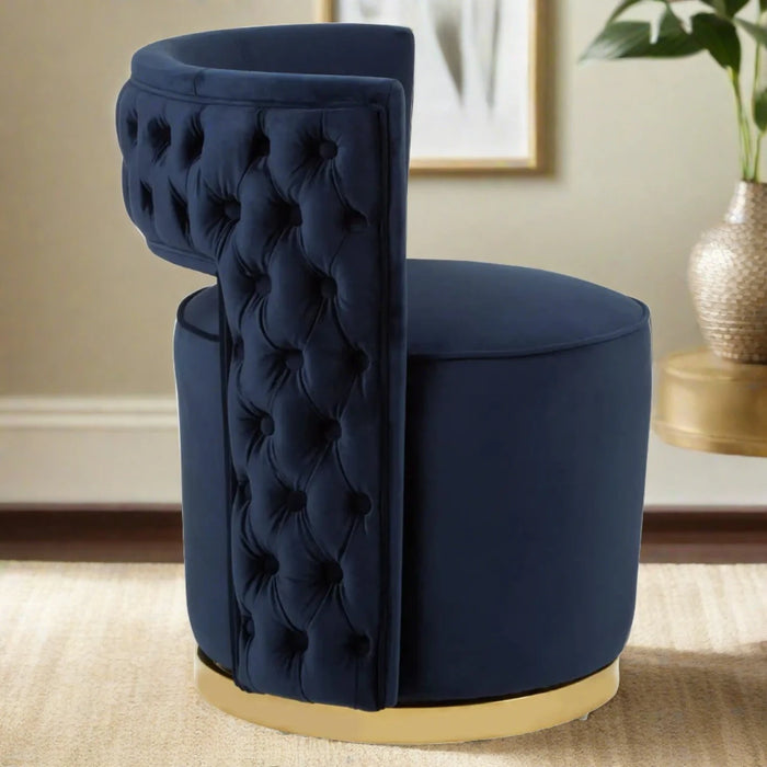 Langham Accent Chair, Quilted Blue Velvet, Gold Base