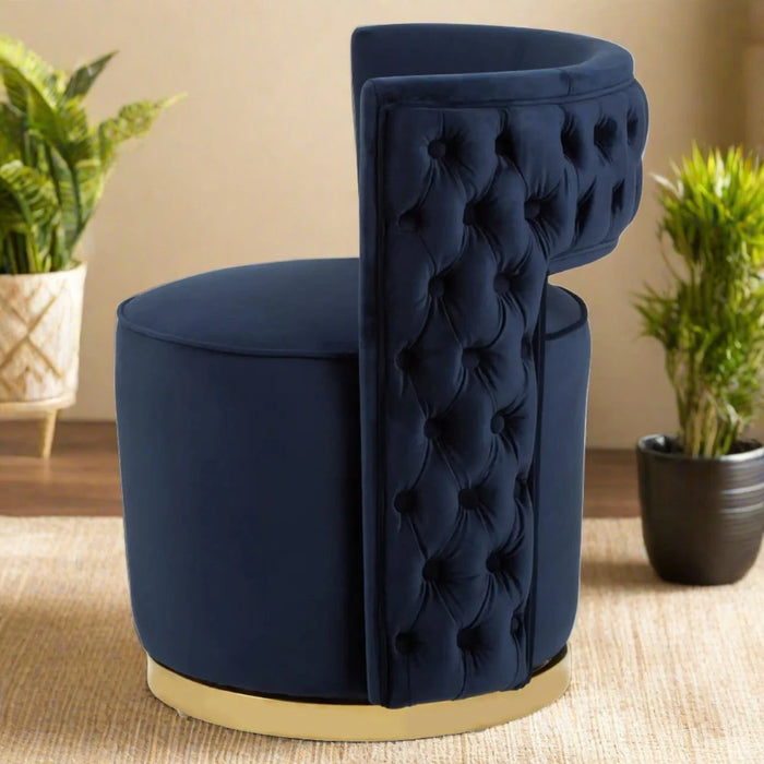 Langham Accent Chair, Quilted Blue Velvet, Gold Base