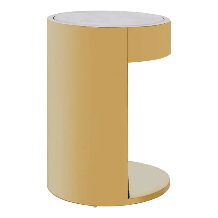 Carlox Round Side Table, Stainless Steel Frame, White Faux Marble Tabletop